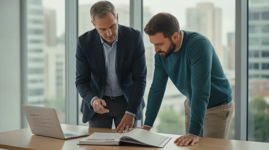 Two consultants at a professional services firm reviewing a printed proposal beside a laptop listing qualified leads