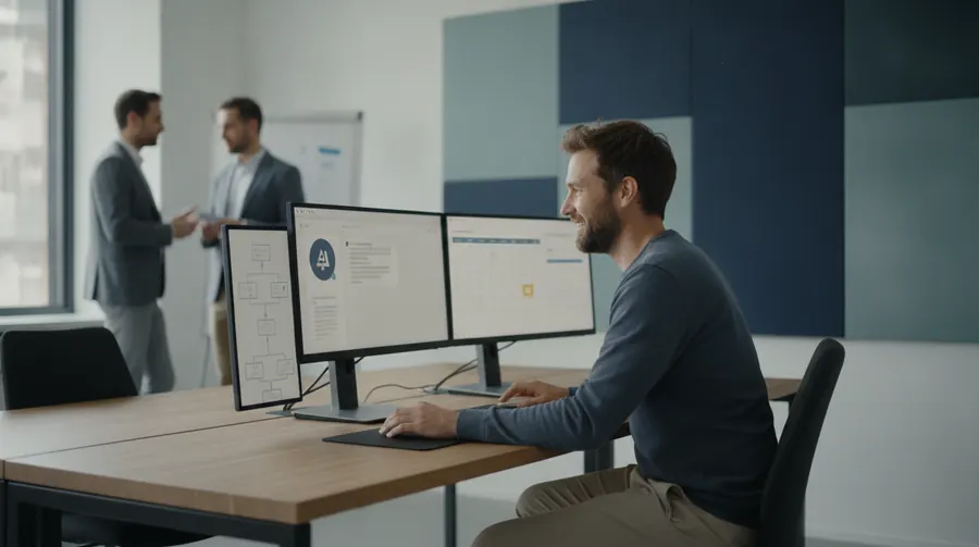Man at a desk with an AI assistant conversation on one monitor and the CRM record and calendar booking it just created on the other