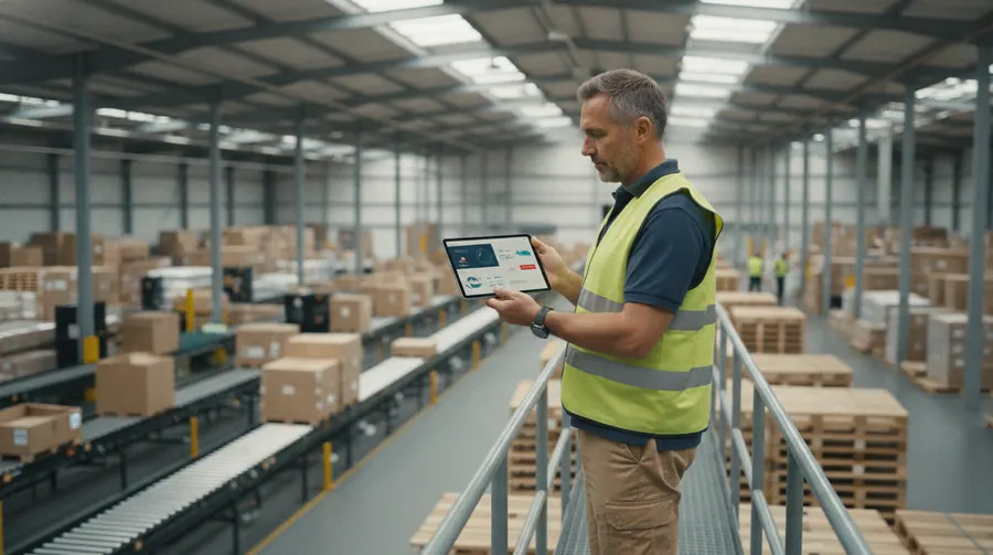 Distribution centre supervisor on a mezzanine checking an automated shipment report on a tablet above conveyor lines and pallets