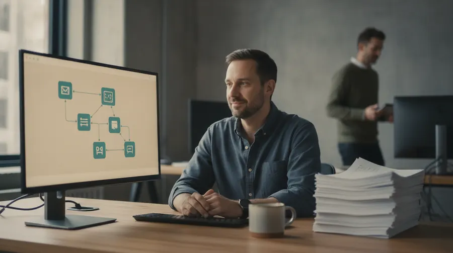 Man at a desk reviewing a visual workflow builder of connected steps on his monitor, a stack of paper forms pushed to one side