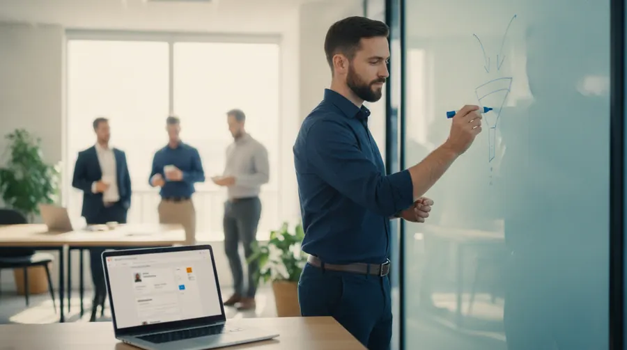 Sales manager at a B2B technology company sketching a pipeline funnel on a whiteboard, CRM open on the laptop beside him