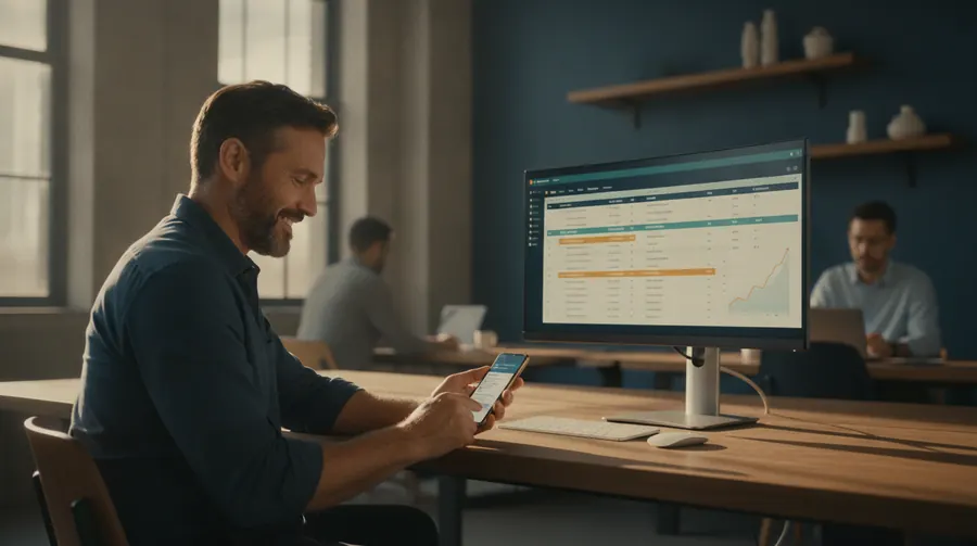 Sales lead smiling at reply notifications on his phone, with a CRM contact list and rising engagement graph on the monitor behind