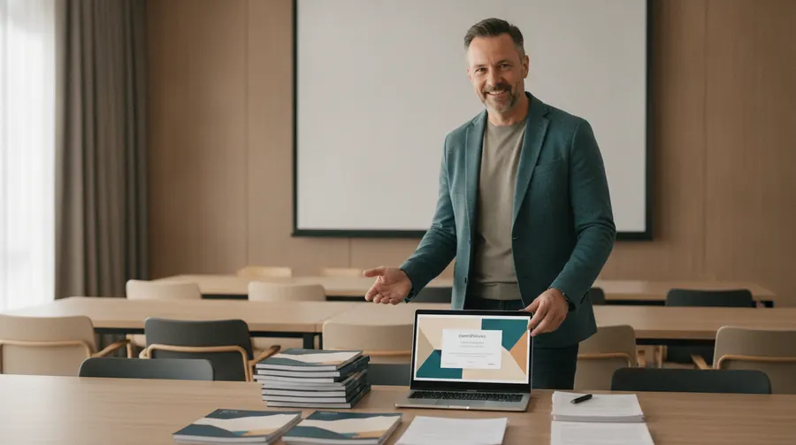 Corporate trainer in a training room beside stacked course workbooks and a laptop showing a completion certificate