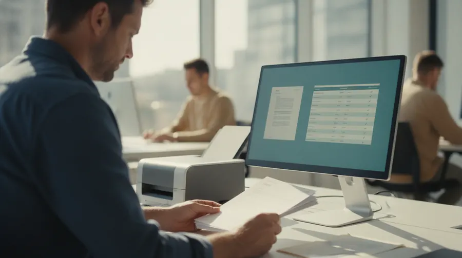 Man feeding paper invoices into a desktop scanner while the monitor shows the scanned page and a table of extracted fields