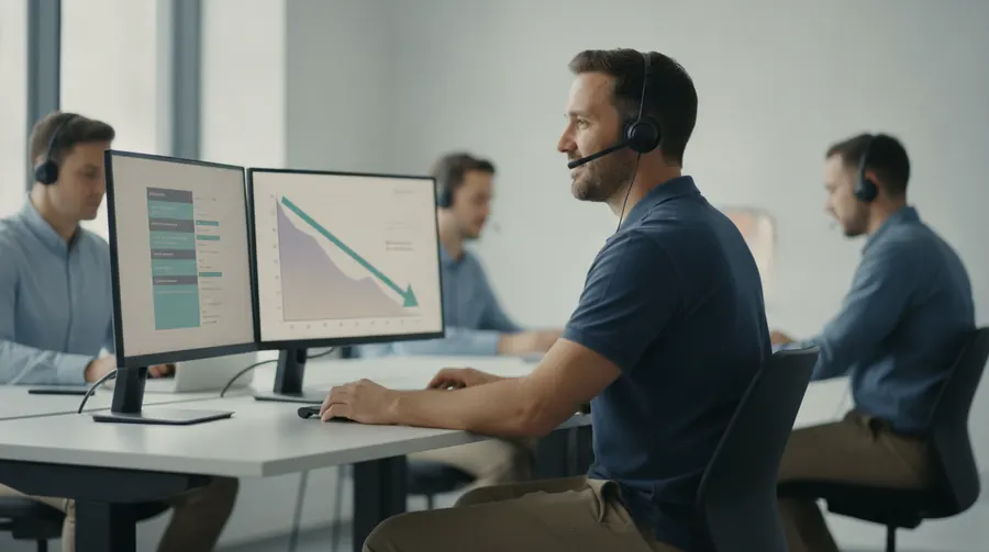 Support team lead wearing a headset at a SaaS office desk with a ticket queue on one monitor and a falling cost chart on the other
