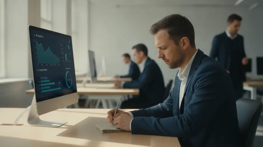 Engineer taking notes in front of a monitor showing an API cost dashboard with spend trending down and a model-routing breakdown