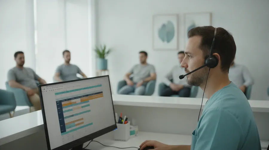 Clinic receptionist wearing a headset at the front desk, checking the colour-coded appointment schedule while patients wait behind