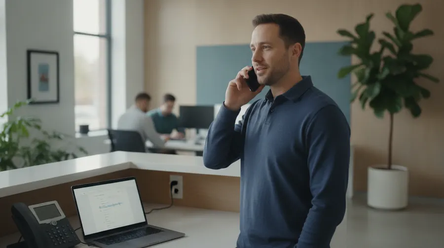 Small business owner taking a customer call at a bright reception desk while a laptop shows the live call transcript
