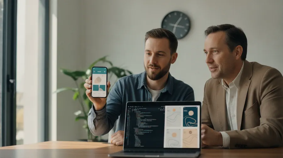 Developer showing a founder a working app prototype on a phone, with the code editor and screen designs open on a laptop between them